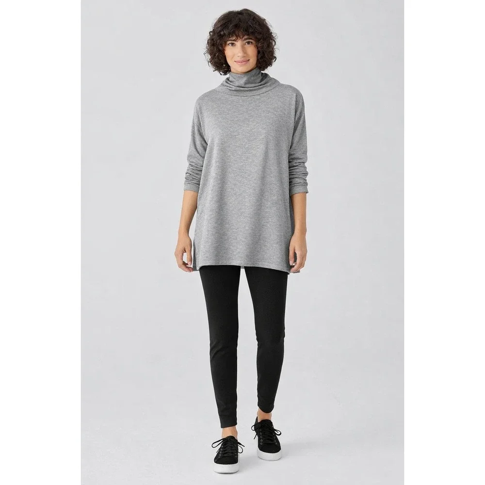 Eileen Fisher Cozy Brushed Terry Fleece Hug Funnel Neck Long Top Grey XS - Picture 1 of 9